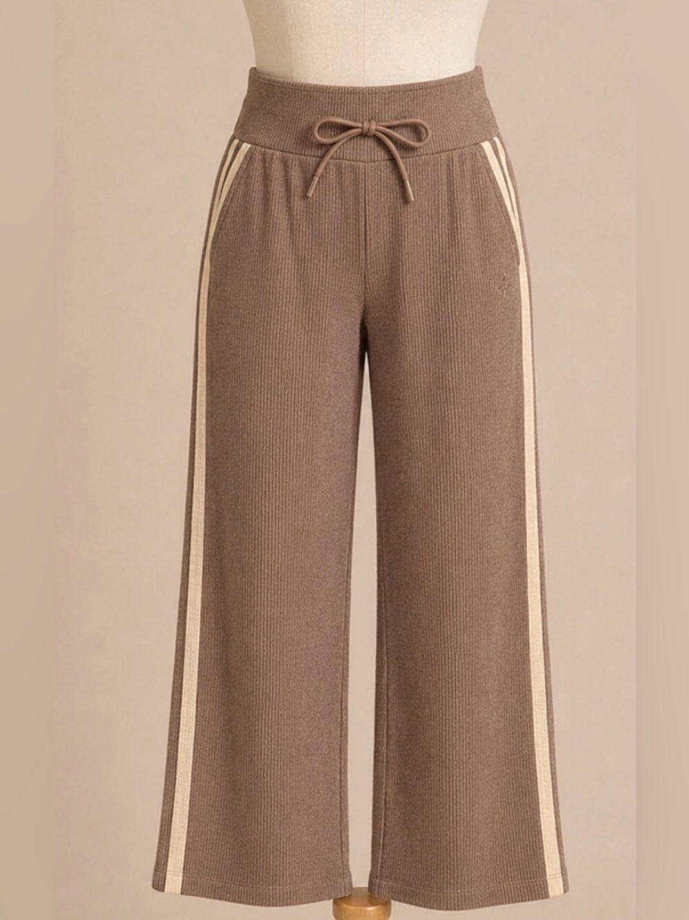 Halara Taupe Ribbed Wide Leg Lounge Pants With Cream Tonal Side Stripe